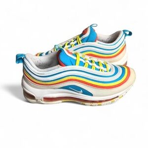 Nike Air Max 97 Shoes Youth Size 5Y White Blue Red Yellow GS Retro Running.